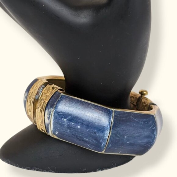 V. Blue Brass & Bone Locking Hinge Bracelet - Picture 2 of 8